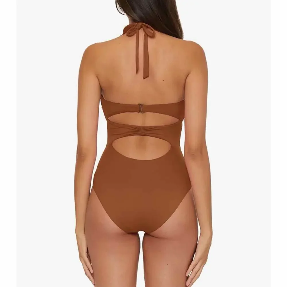 Soluna Swim Standard Buckle Up One Piece Bandeau Swimsuit Large Bronze